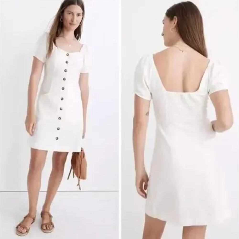 Madewell Linen-Cotton‎ Puff-Sleeve Mini Dress, lighthouse, size 6